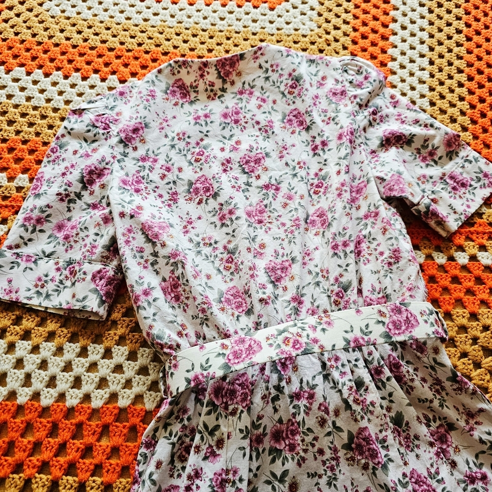80s Floral Pink Green Cotton Midi Tea Dress With Matching Belt Handmade Vintage - Picture 9 of 10